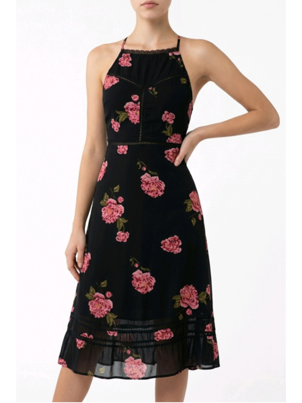 Reformation Roma Black Pink Floral Open Back Lace Halter Midi Dress 4